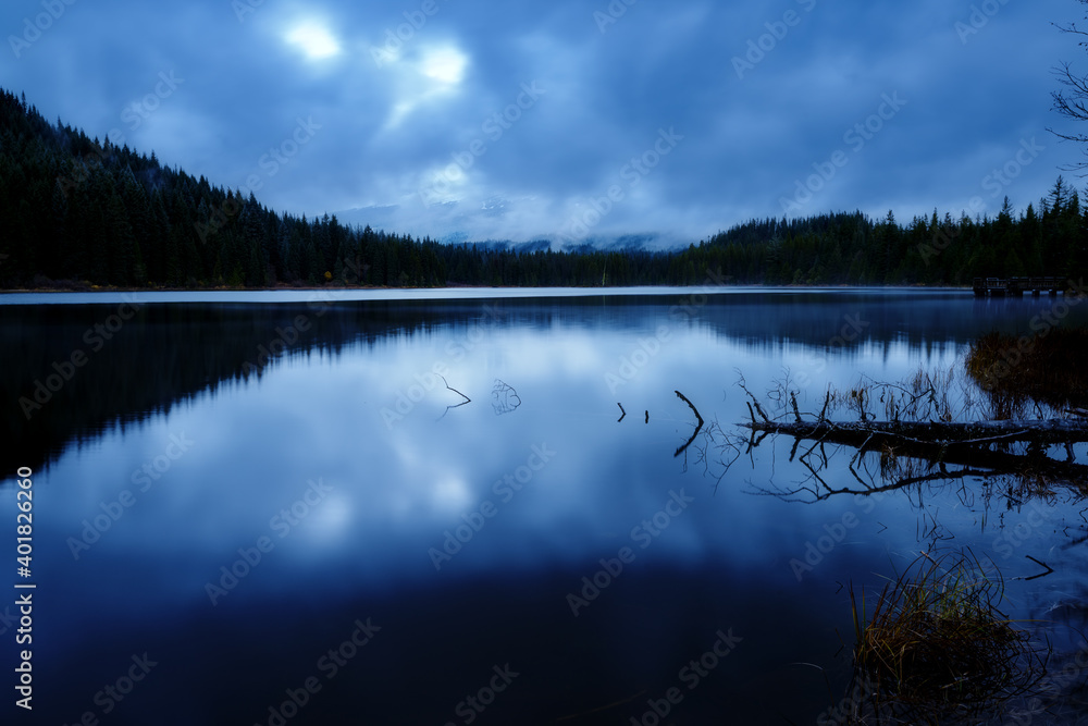 Mystic lake in Oregon on a cool evening after sunset