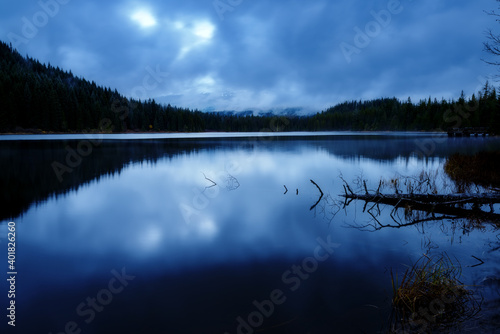 Mystic lake in Oregon on a cool evening after sunset