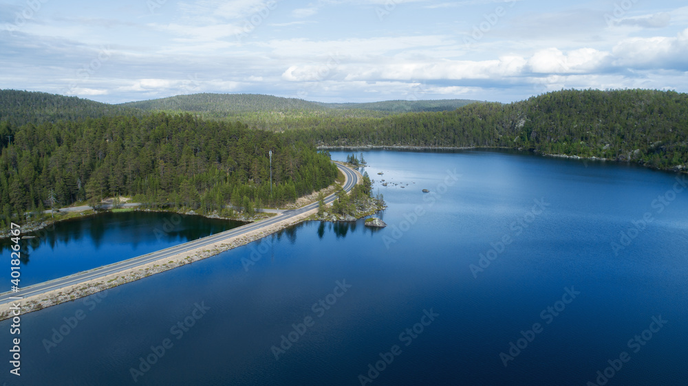 Aerial view of the road near the lake and the forest from above. highway with cars besides the lake and forest.
