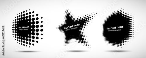 Halftone circle perspective frame abstract dots logo emblem design element for technology, medical, treatment, cosmetic. Round border Icon using halftone circle dots raster texture. Vector.