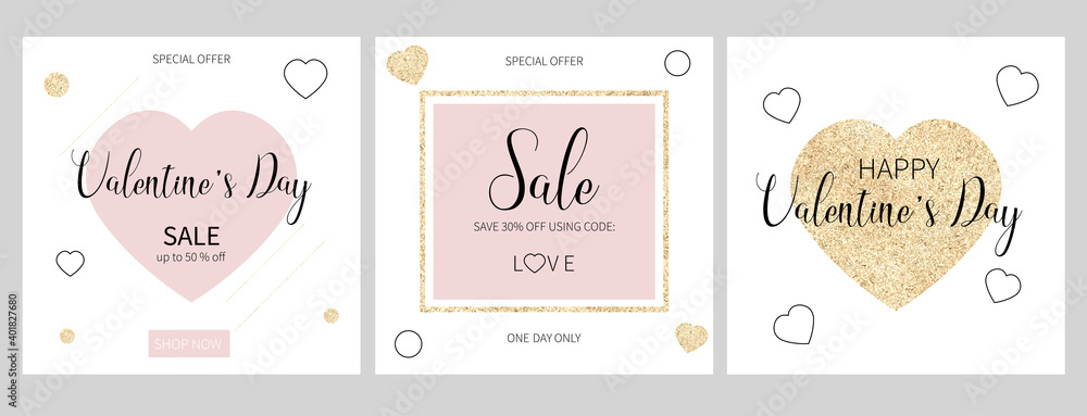 Valentine's Day Sale. For social media posts, mobile apps, banners design and web, internet. Gold glitter style. Vector set.
