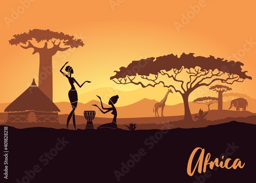 Fototapeta Tribal women on the background of an African landscape at sunset