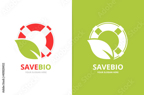 Vector lifebuoy and leaf logo combination. Unique lifeboat and organic logotype design template