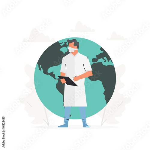 The doctor stands in front of a large Earth. Hospital man saving planet concept vector illustration.