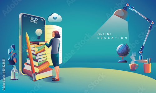 Online Education Application learning worldwide on phone, mobile website background. social distance concept book lecture pencil. The classroom training course, library Vector Illustration Flat Design