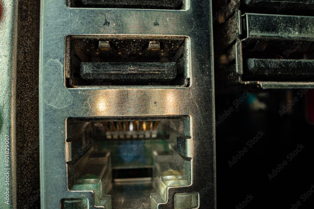 Ports and outputs at computer system unit macro Stock Photo | Adobe Stock