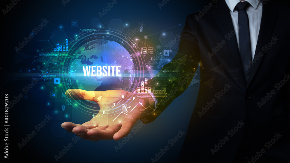 Elegant hand holding WEBSITE inscription, digital technology concept
