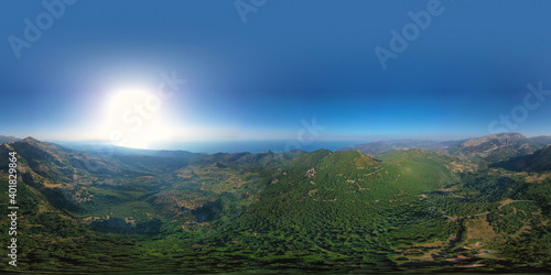 360 degree virtual reality panorama of the Sanctuary of Gibilmanna with its verdant valley overlooking the sea with the village of Cefalù on the Madonie, Sicily, Italy.
