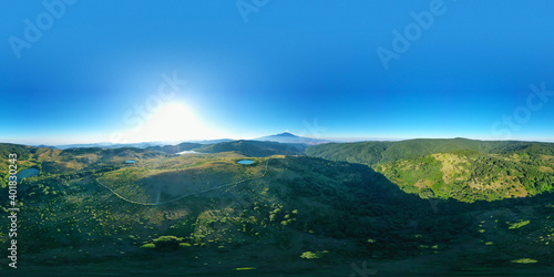 180 degree virtual reality panorama of the Nebrodi lakes valley with a view of the Etna volcano, Sicily, Italy.