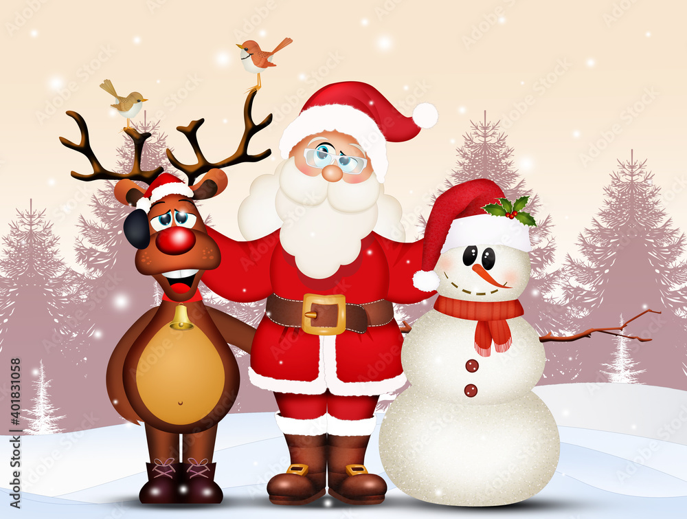 Santa Claus, reindeer and snowman