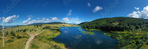 default 180 degree virtual reality panorama of Biviere lake immersed in the beautiful beech forest of Monte Soro in spring on the Nebrodi, Sicily, Italy. Natural lake with views of Mount Etna and sea. © Maurizio Caputo