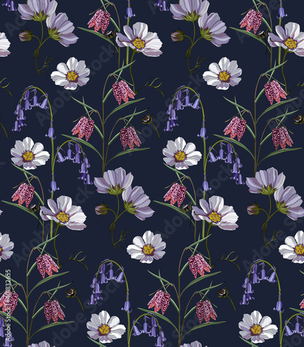 Flowers and leaves in vintage style  seamless pattern.  