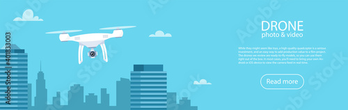 Drone with action Camera. Air Video and Photography. Flying quadrocopter with camera over the city. Vector illustration for banner.