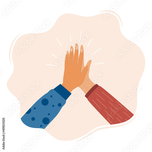 Two hands clapping in high five gesture. Multicultural people putting hands together. Teamwork, friendship, unity, help, equality, support, partnership, community concept. Vector illustration.