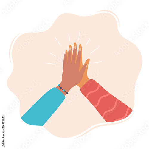 Two hands clapping in high five gesture. Multicultural people putting hands together. Teamwork, friendship, unity, help, equality, support, partnership, community concept. Vector illustration.