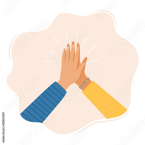 Two hands clapping in high five gesture. Multicultural people putting hands together. Teamwork, friendship, unity, help, equality, support, partnership, community concept. Vector illustration.