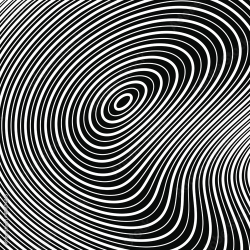 Abstract white distorted concentric circles. Vector illustration. Design element for logo, sign, symbol, tattoo, web pages, prints, posters, template, monochrome pattern and abstract background