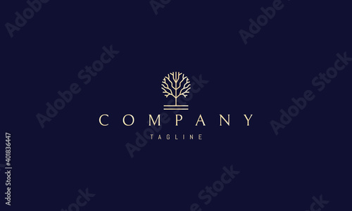 Vector golden logo on which an abstract image of a tree in a round shape in a linear style.