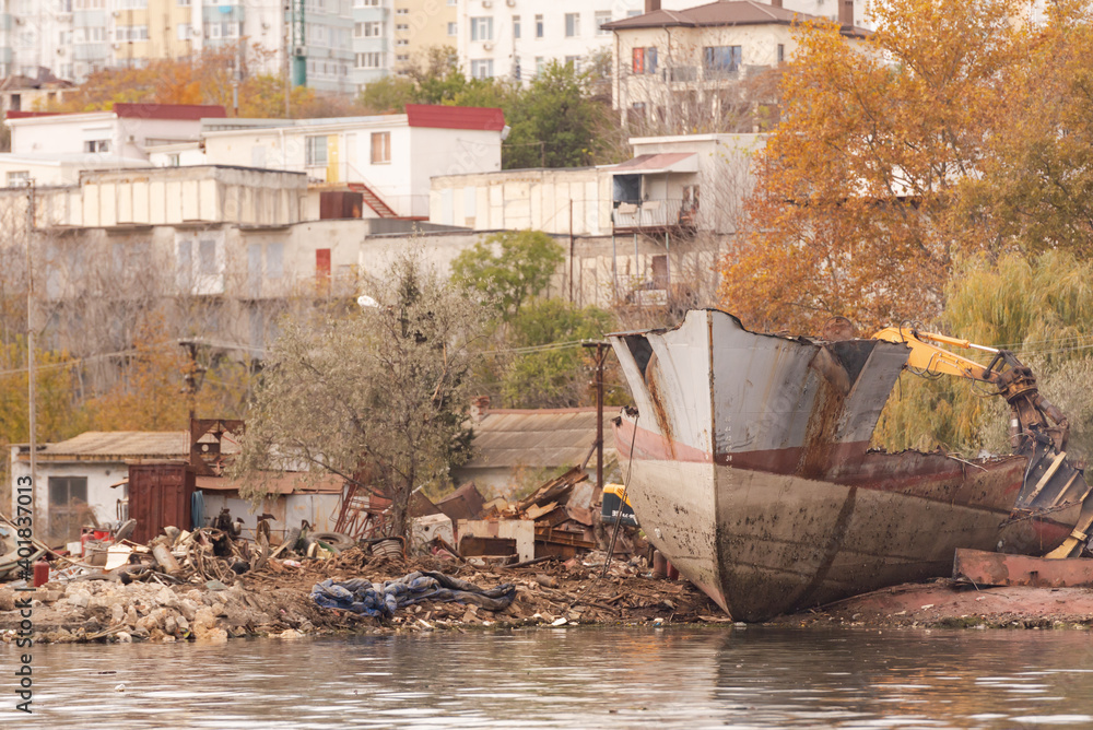 Cutting ships for scrap. The skeleton of a ship on the coast of Sevastopol. Cutting ships for scrap. The skeleton of a ship on the coast of Sevastopol.