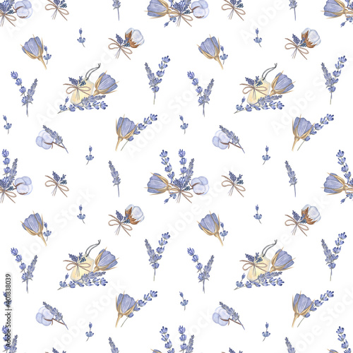 Seamless pattern with blue roses, lavender and cotton flowers. Watercolor hand-drawn elements on white isolated background. Vintage style, cute and beautiful design for fabric and wallpapers.  © FlowersForBear