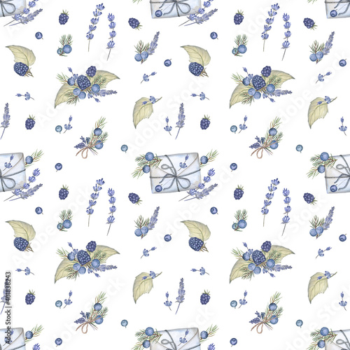 Seamless pattern with letter, juniper, blackberry, blueberry and lavender. Watercolor hand-drawn elements on white isolated background. Beautiful floral and romantic illustration.  © FlowersForBear
