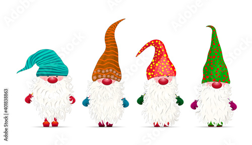 Gnome Christmas character. Collection of little gnomes on a white background. Christmas character. Dwarfs with beards and multi-colored hats