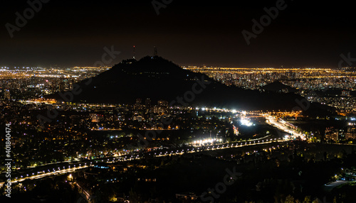 San Cristobal hill at the city of Santiago, Chile at night