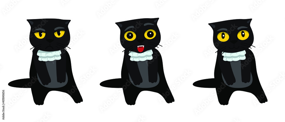 Set of black cat emoji. Crazy kitten with different emotions. Angry, skeptical, happy. Funny cat breaking things comic illustration, cartoon vector drawing. Set of black cat emoji. Crazy kitten with different emotions. Angry, skeptical, happy. Funny cat breaking things comic illustration, cartoon vector drawing.