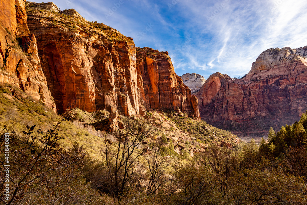 Majestic mountains with sheer cliff faces rise from the valley and the Emerald Pools trail in Zion National Park, Utah.
