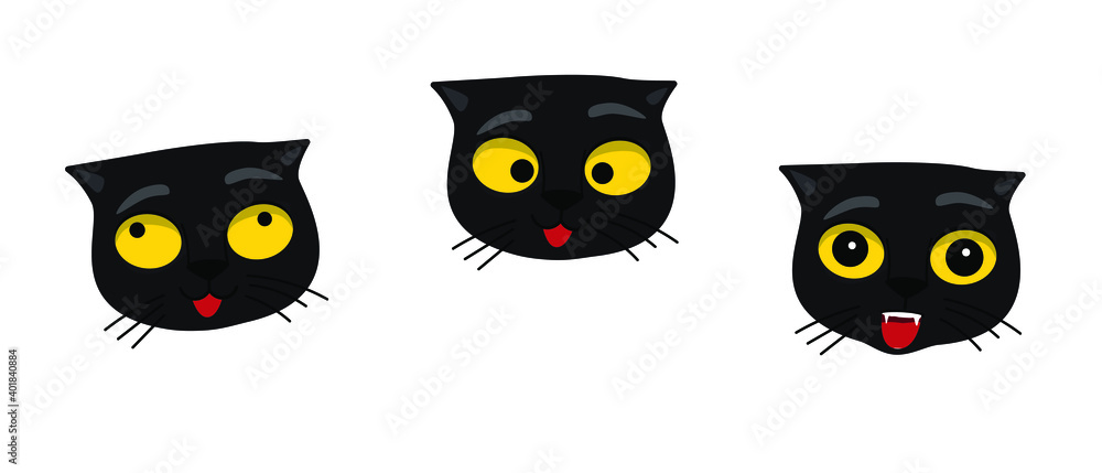 Set of cat faces emoji. Crazy kitten with different emotions. Angry, skeptical, happy. Funny cat breaking things comic illustration, cartoon vector drawing. Set of cat faces emoji. Crazy kitten with different emotions. Angry, skeptical, happy. Funny cat breaking things comic illustration, cartoon vector drawing.