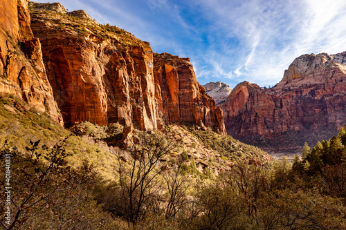 Majestic mountains with sheer cliff faces rise from the valley and the Emerald Pools trail in Zion National Park, Utah. 
