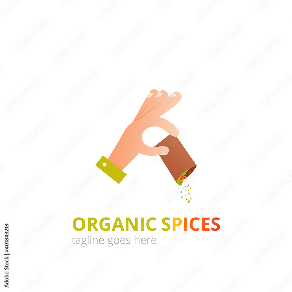 Spices logo concept design. Food vector illustration. Healthy simple logotype. The chef's hand pours the seasonings Spices logo concept design. Food vector illustration. Healthy simple logotype. The chef's hand pours the seasonings