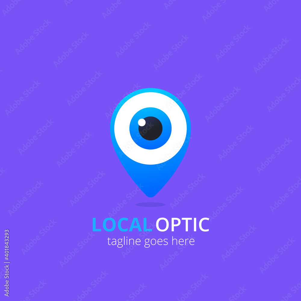 Eye logo on violet background. Vector design template. Local optic logotype. Logograms with geo pin Eye logo on violet background. Vector design template. Local optic logotype. Logograms with geo pin