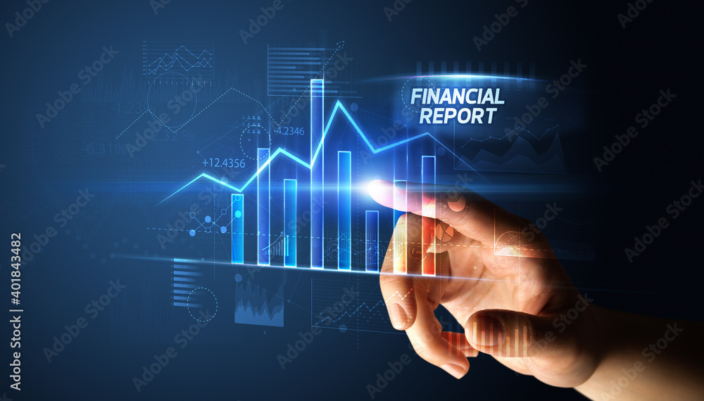 Hand touching FINANCIAL REPORT button, business concept Hand touching FINANCIAL REPORT button, business concept