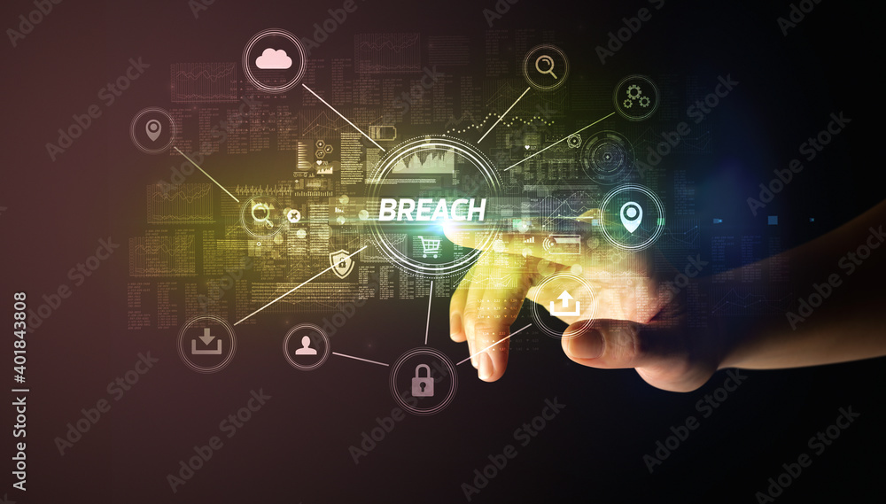 Hand touching BREACH inscription, Cybersecurity concept