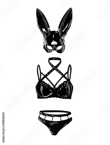 A set of leather linen. Rabbit mask latex. Erotic lingerie. illustration isolated.
