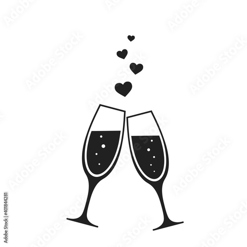 champagne glass with hearts icon. wedding, love and valentines symbol. isolated vector image