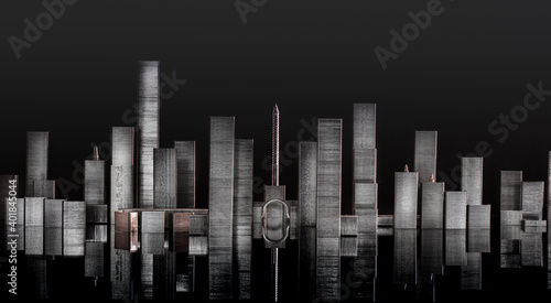 Panorama de b  timents et paysage urbain sur fond noir en agrafes et vis en m  tal avec   clairage de nuit et reflets. Projet d architecture  construction  d  veloppement  concept urbain  immobilier.
