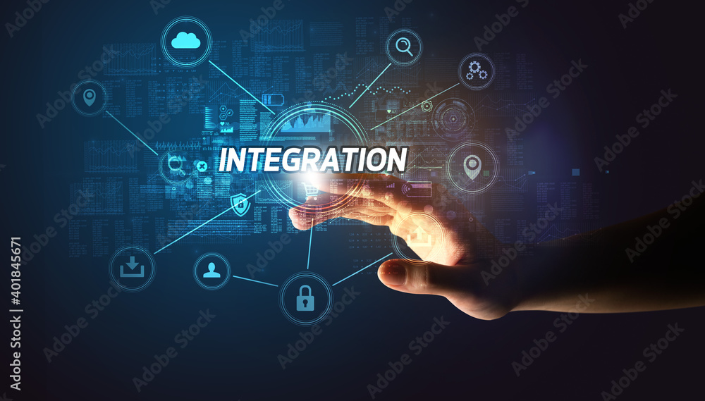 Hand touching INTEGRATION inscription, Cybersecurity concept Hand touching INTEGRATION inscription, Cybersecurity concept