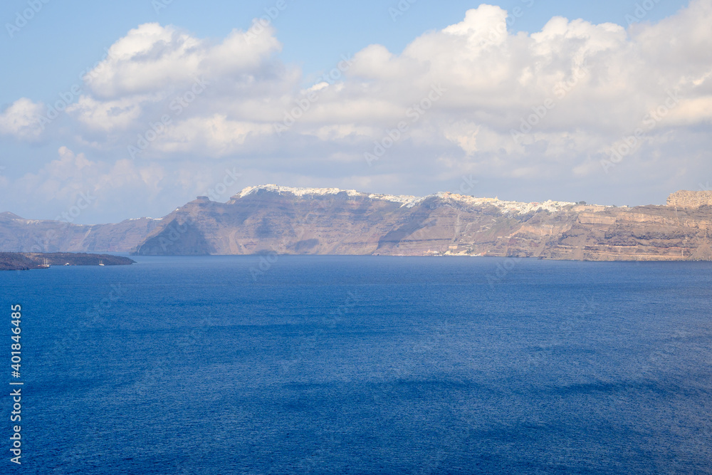 View of the blue sea and cliffs of the island of Santorini, Greece
