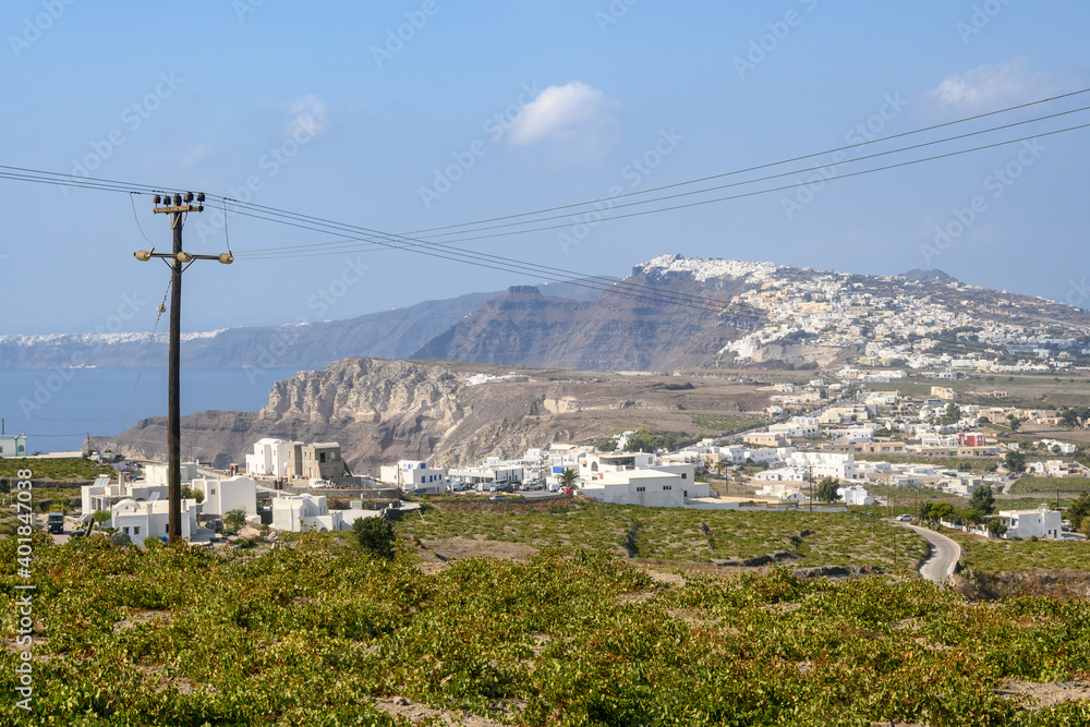 Santorini Island seen from the Pyrgos viewpoint. Cyclades, Greece Santorini Island seen from the Pyrgos viewpoint. Cyclades, Greece