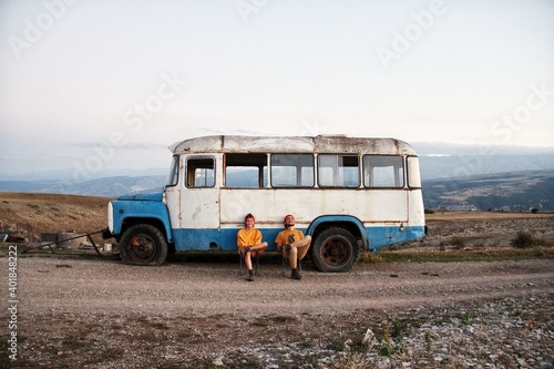bus on the steppe. in the wild