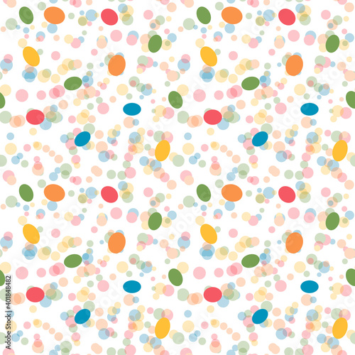 Easter bright vector seamless pattern. Colorful eggs on a confetti background.