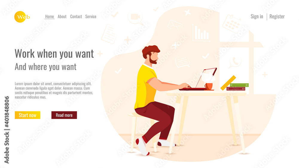 Website design. Freelancer man working on laptop. Home office, freelance, studying concept. Vector illustration for poster, banner, website development. Website design. Freelancer man working on laptop. Home office, freelance, studying concept. Vector illustration for poster, banner, website development.