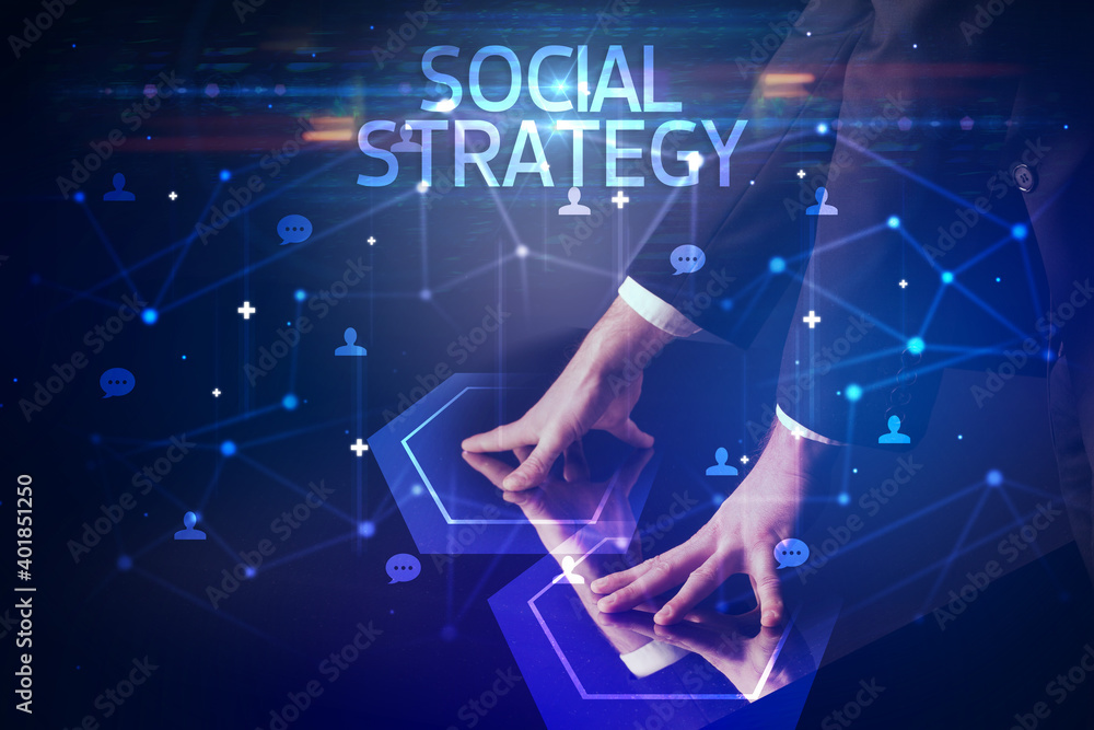 Navigating social networking with SOCIAL STRATEGY inscription, new media concept Navigating social networking with SOCIAL STRATEGY inscription, new media concept