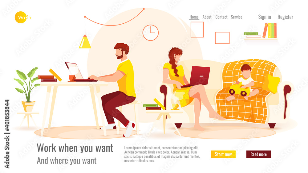 Website design. Man and woman working on laptops, near their baby playing with car. Home office, freelance, studying concept. Vector illustration for poster, banner, website development. Website design. Man and woman working on laptops, near their baby playing with car. Home office, freelance, studying concept. Vector illustration for poster, banner, website development.