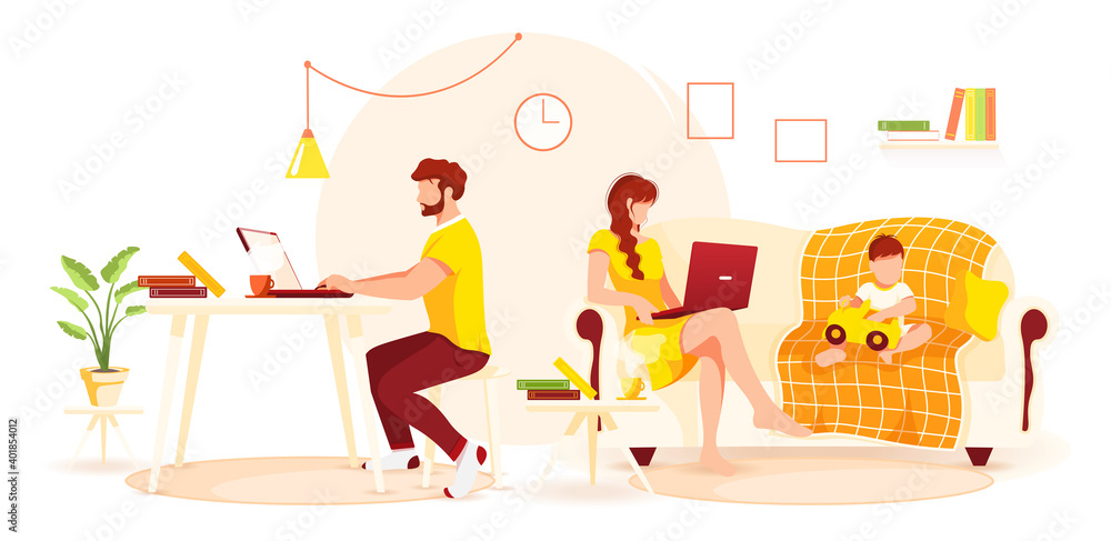 Freelancers man and woman working on laptops. Home office, freelance, studying concept. Isolated vector illustration for flyer, poster, banner. Freelancers man and woman working on laptops. Home office, freelance, studying concept. Isolated vector illustration for flyer, poster, banner.