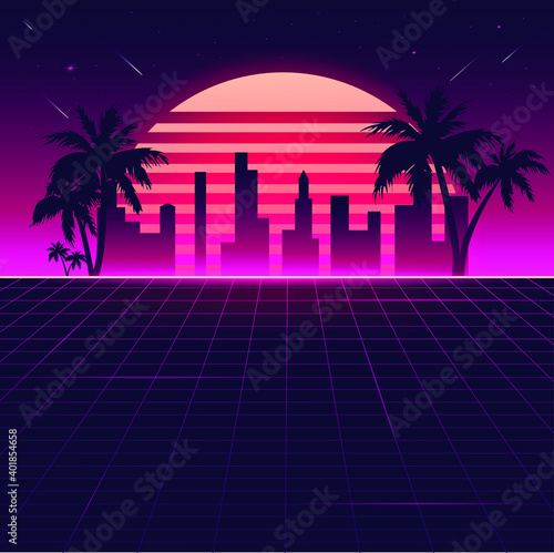 illustration in 80s style. sunset, palm trees, neon glow. vector