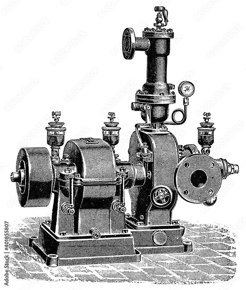 Water turbine by a Swedish engineer and inventor Gustaf de Laval. Illustration of the 19th century. Germany. White background.
