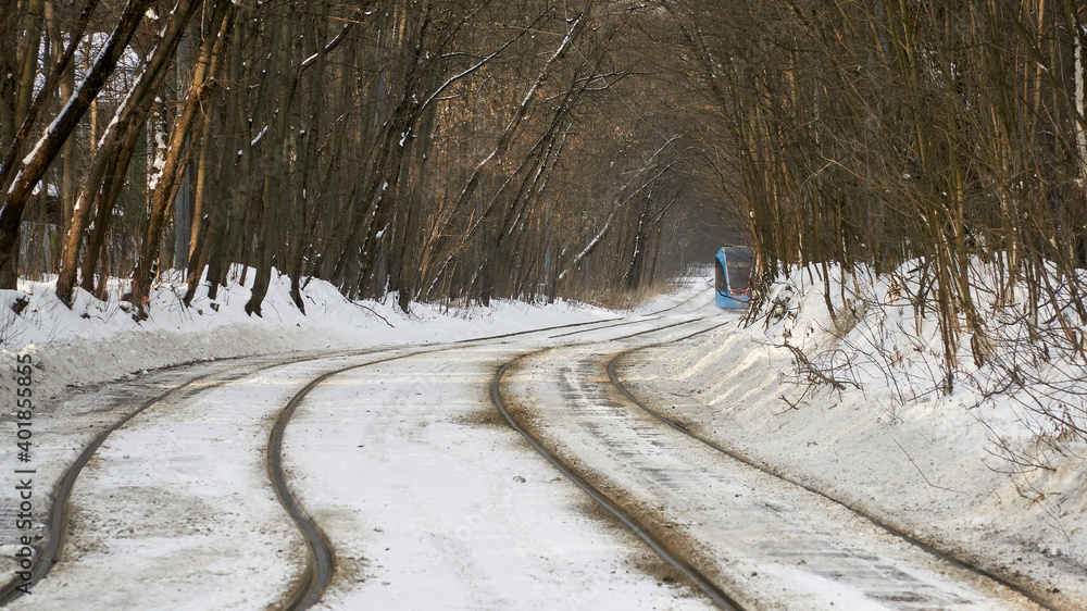 Blue tram in the Sokolniki winter park in Moscow Blue tram in the Sokolniki winter park in Moscow